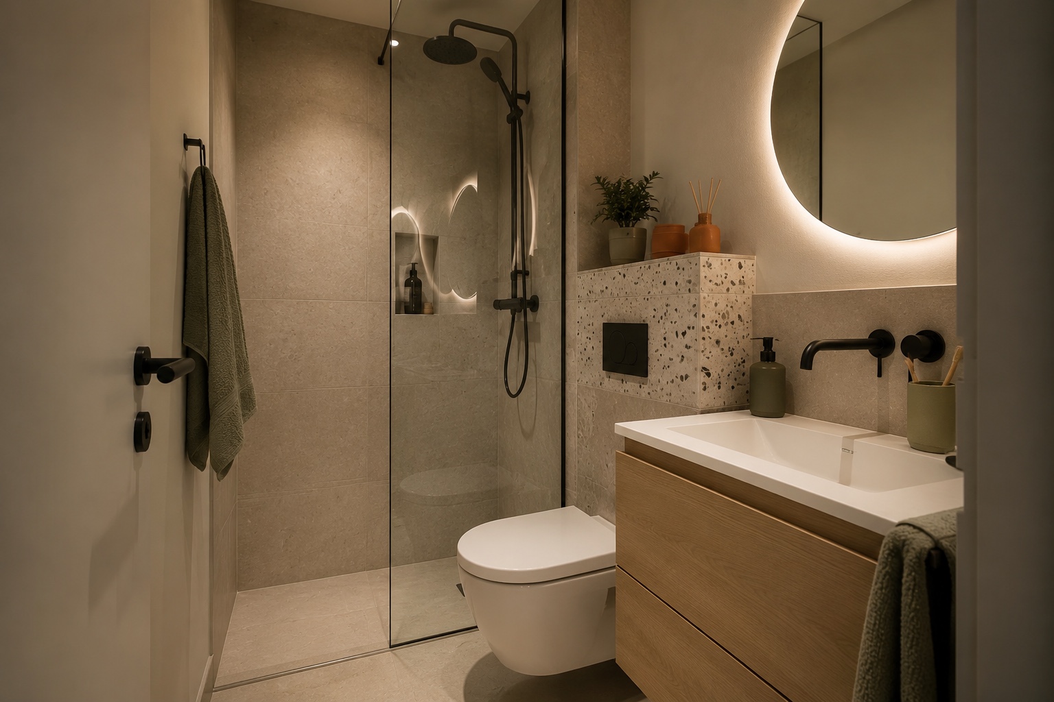Visualisierung eines modernen privaten Badezimmers mit Dusche