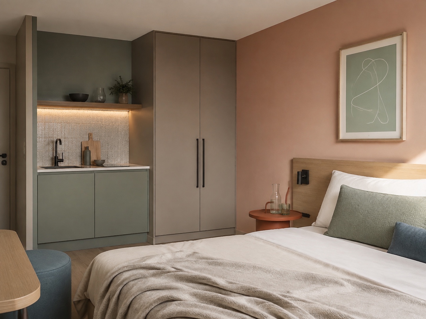 Visualisierung eines kompakten Urban Studios mit Bett, Küchenzeile und Einbauschrank